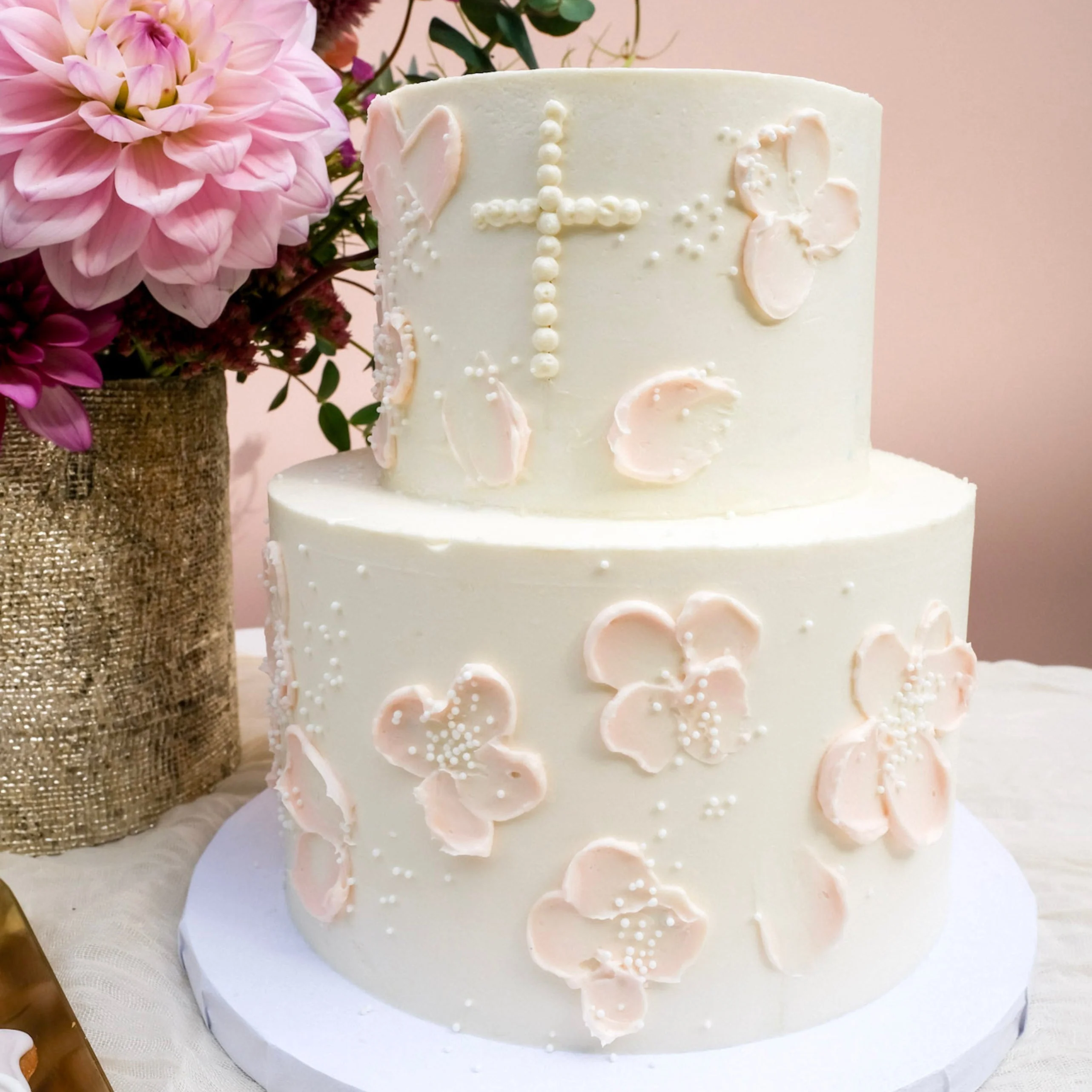 Pink Flowers Baptism Cake - Image 3